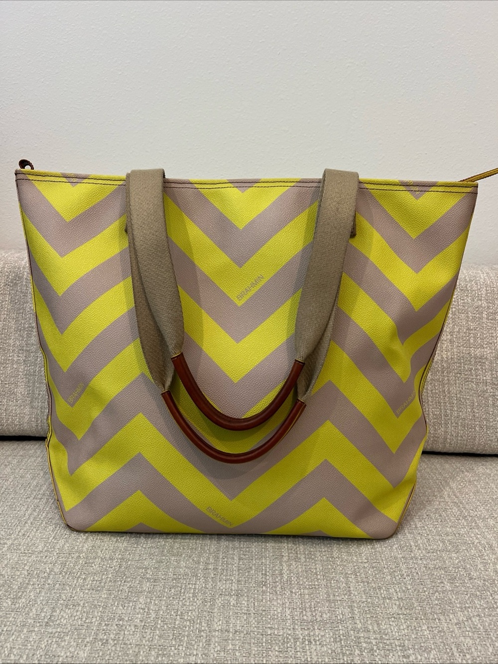 Brahmin Signature Chevron Yellow Gray Brown Zip Top X-Large Tote Bag